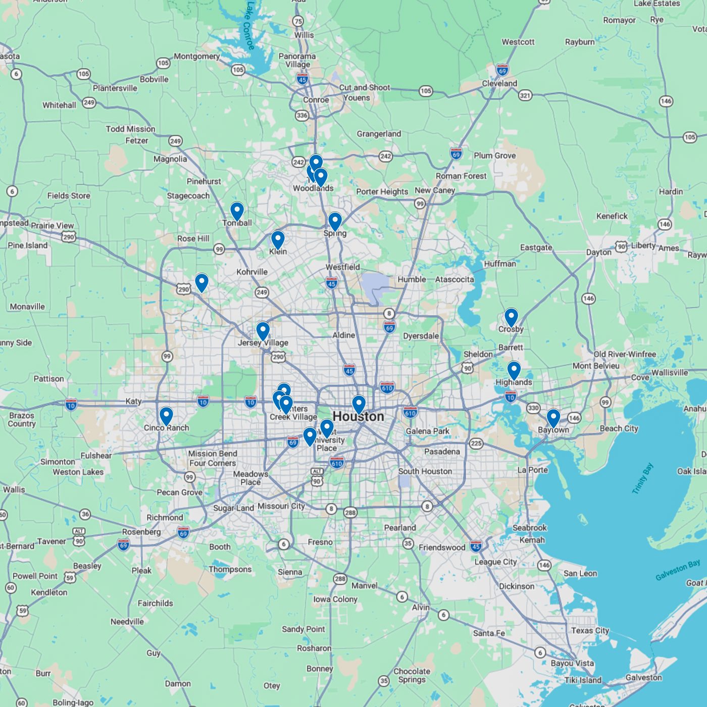 Map of Greater Houston with pins marking the towns Iron Volt Electric covers, from Conroe in the north to Sugar Land in the southwest and Baytown in the east