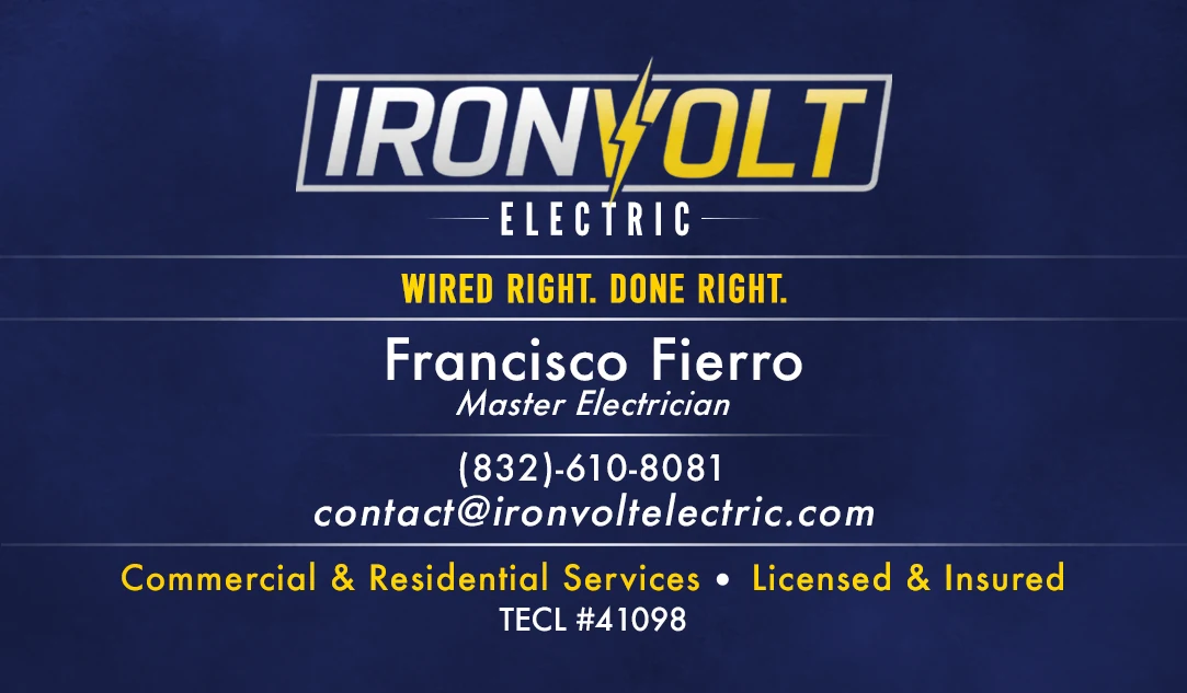 Business card, front: logo, tagline, name, contact details and license number on navy